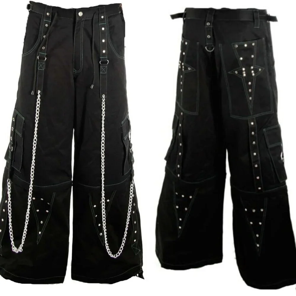 Men Black Cargo Punk Buckle Zips Chain Strap Trousers Trip PANT - Picture 1 of 4